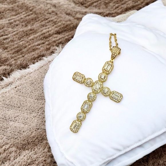 Elegant Gold Over Sterling CZ Cross Pendant Necklace - Picture 3 of 15